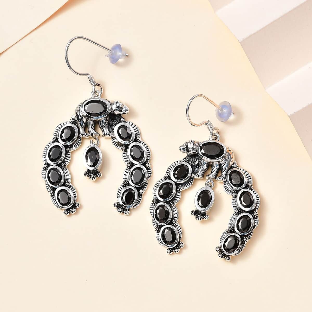 Artisan Crafted Elite Shungite Squash Blossom Bear Earrings in Black Oxidized Sterling Silver 4.85 ctw image number 1