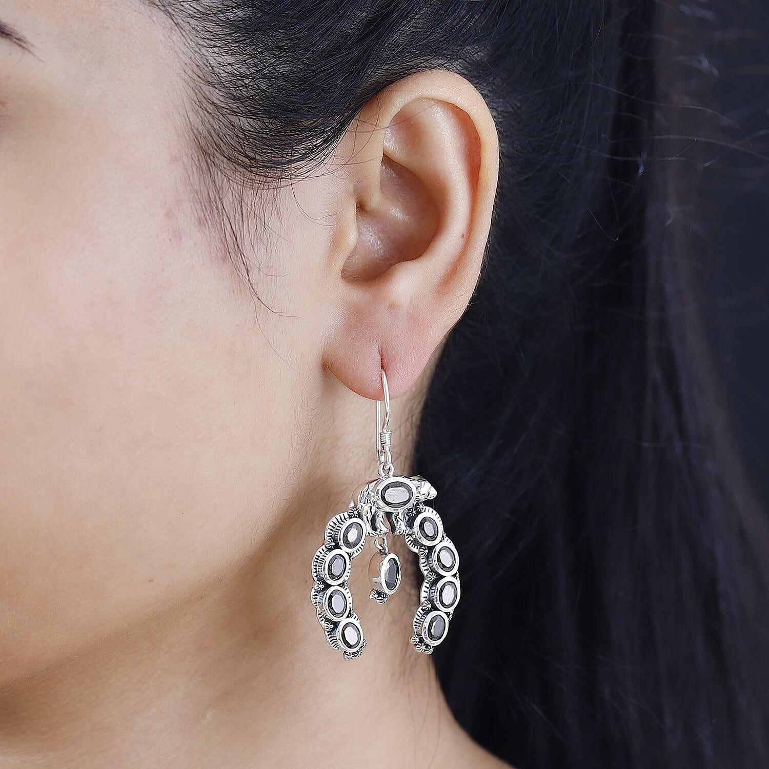 D'Joy Artisan Crafted Elite Shungite 4.85 ctw Squash Blossom Bear Earrings in Black Oxidized Sterling Silver 