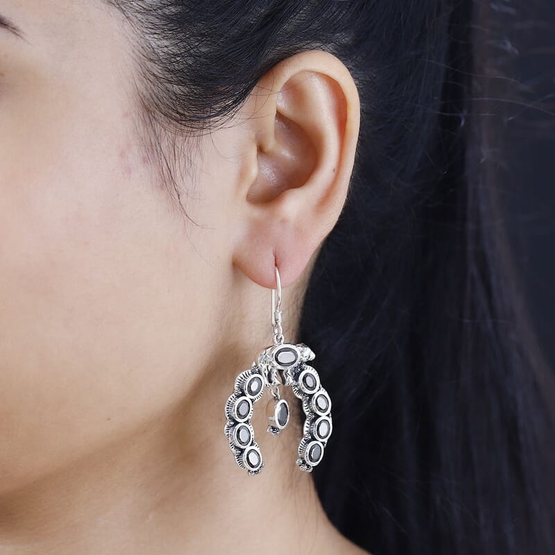 D'Joy Artisan Crafted Elite Shungite 4.85 ctw Squash Blossom Bear Earrings in Black Oxidized Sterling Silver 