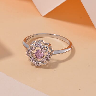 Simulated Pink Diamond 1.10 ctw Halo Ring in Platinum Over Sterling Silver (Size 10.0) 