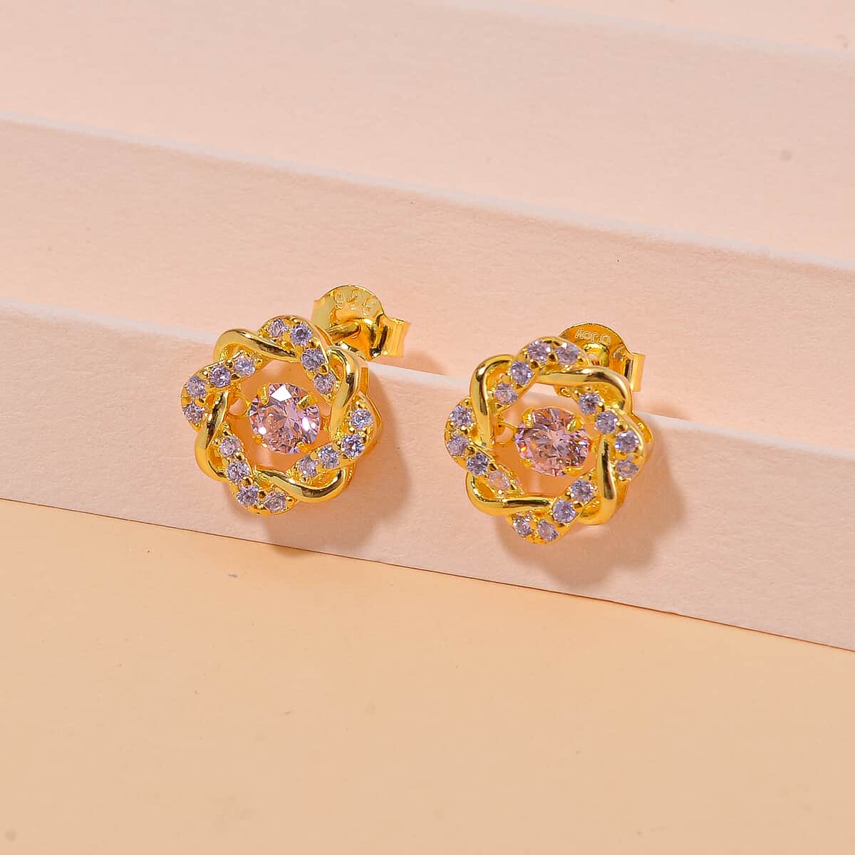 Simulated Pink Diamond 2.10 ctw Stud Earrings in 14K Yellow Gold Over Sterling Silver  image number 1