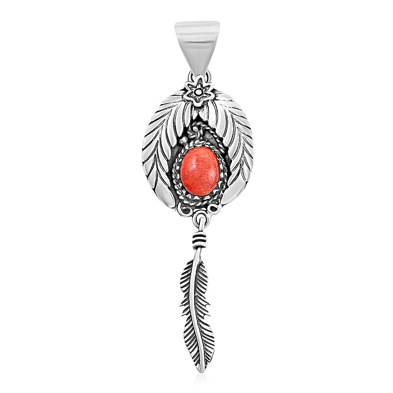 Santa Fe Style Red Coral Feather Pendant in sterling silver 