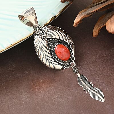 Santa Fe Style Red Coral Feather Pendant in sterling silver 