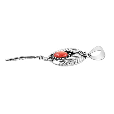 Santa Fe Style Red Coral Feather Pendant in sterling silver 
