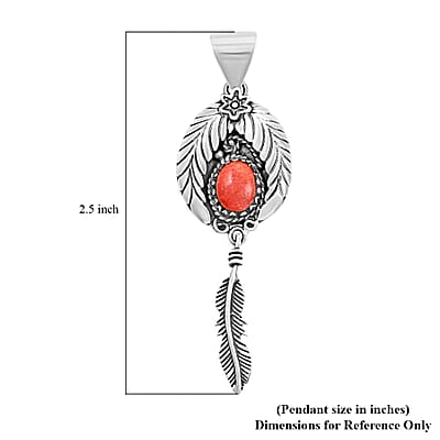 Santa Fe Style Red Coral Feather Pendant in sterling silver 