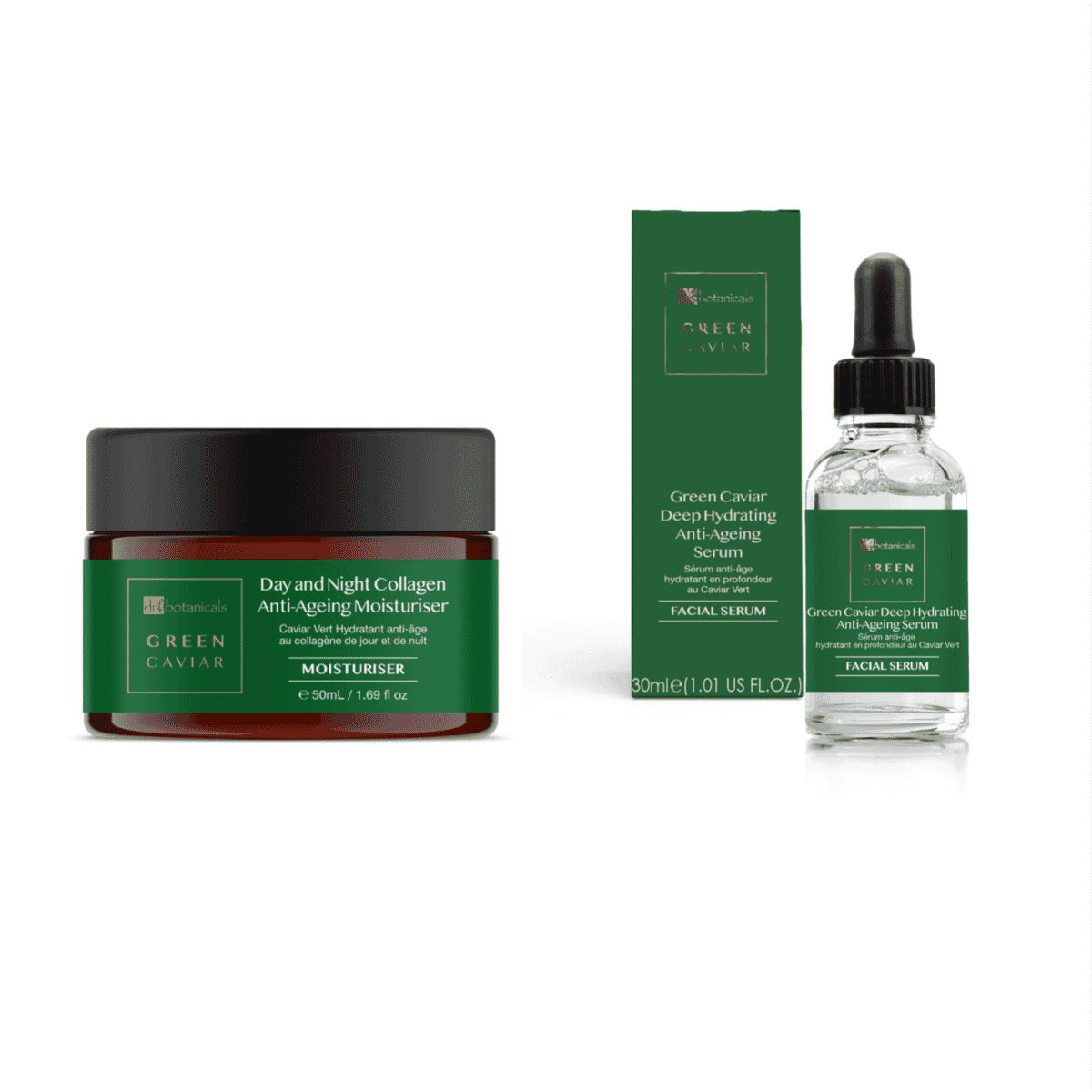 Dr Botanicals Green Caviar Collection- Anti-Ageing Day and Night Moisturizer (1.69oz) & Facial Serum (1.01oz) image number 0
