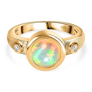 Ethiopian Welo Opal and White Zircon 1.33 ctw Ring in Vermeil Yellow Gold Over Sterling Silver (Size 11.5)