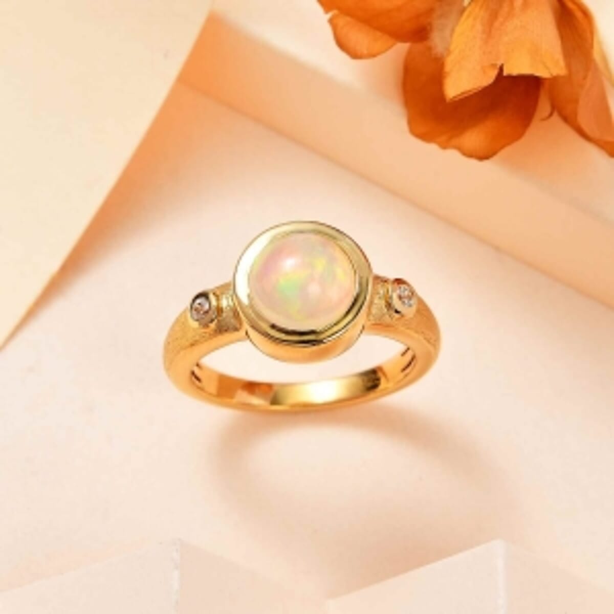 Ethiopian Welo Opal and White Zircon 1.33 ctw Ring in Vermeil Yellow Gold Over Sterling Silver (Size 11.5) image number 1