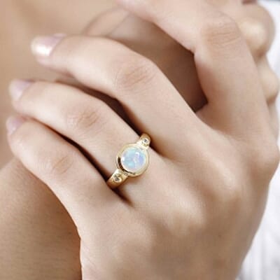 Ethiopian Welo Opal and White Zircon 1.33 ctw Ring in Vermeil Yellow Gold Over Sterling Silver (Size 11.5)