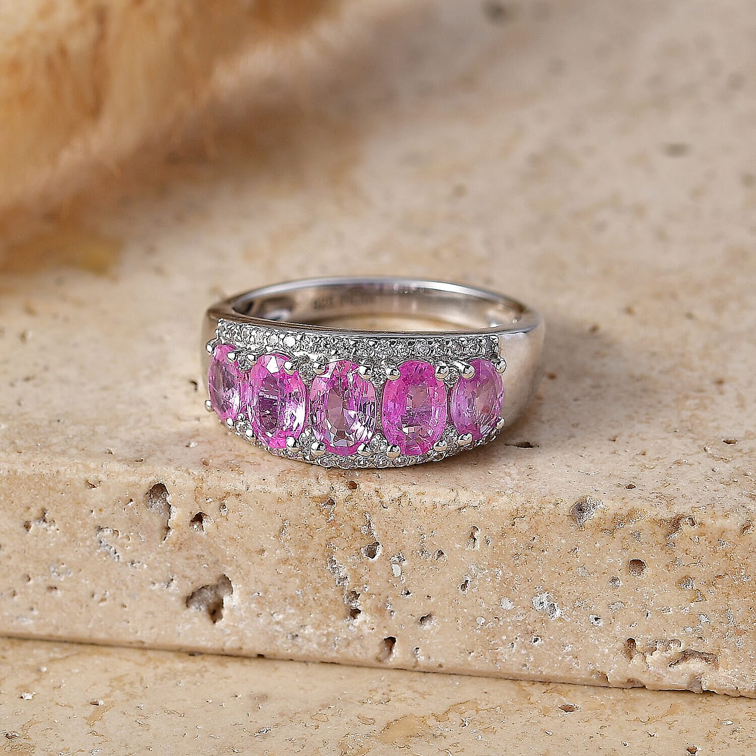 Pink Sapphire and White Zircon 2.90 ctw Ring in Rhodium Over Sterling Silver (Size 5.0)