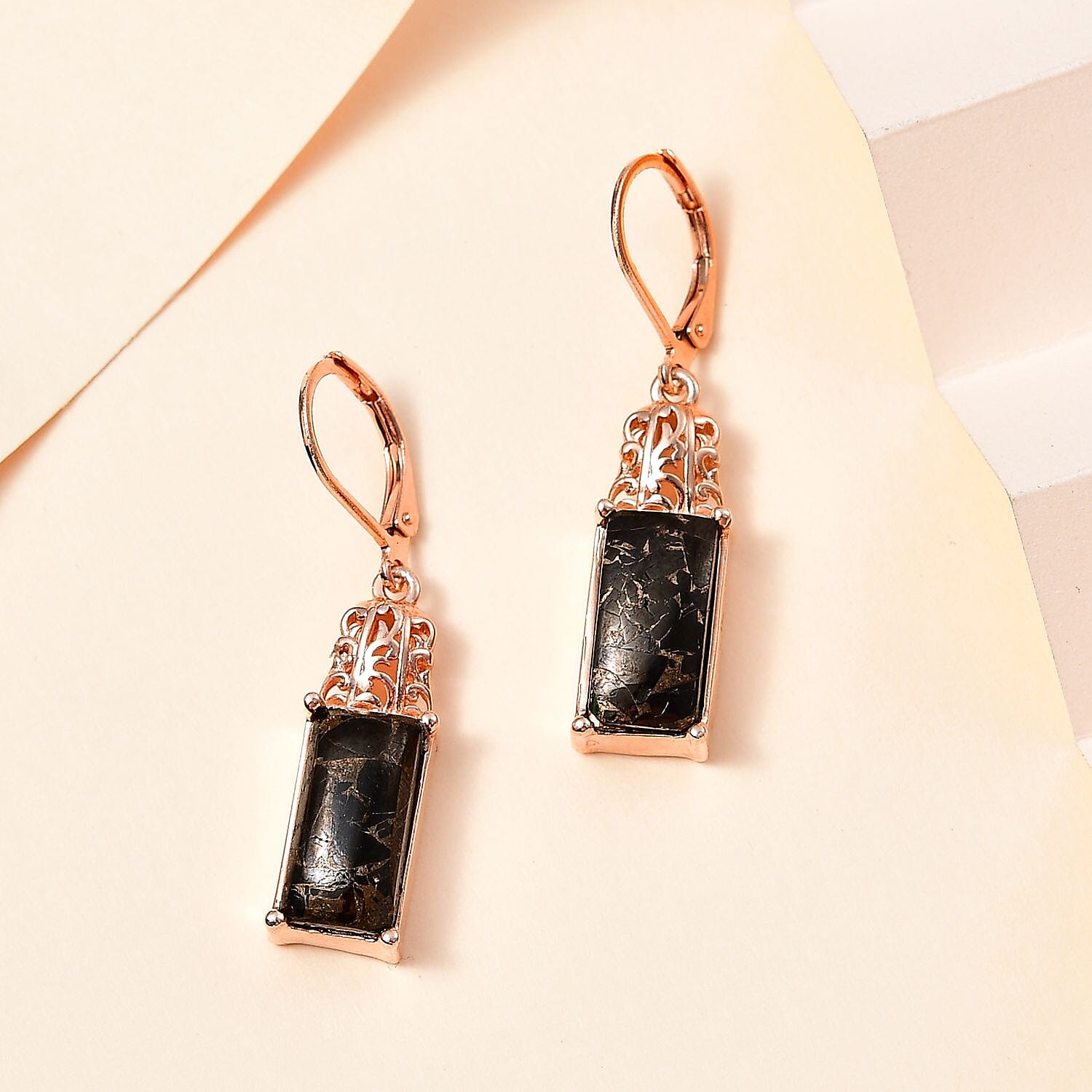 Matrix Silver Shungite Lever Back Earrings in 14K Rose Gold Over Copper with Magnet 6.25 ctw