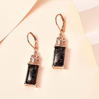 Matrix Silver Shungite Lever Back Earrings in 14K Rose Gold Over Copper with Magnet 6.25 ctw