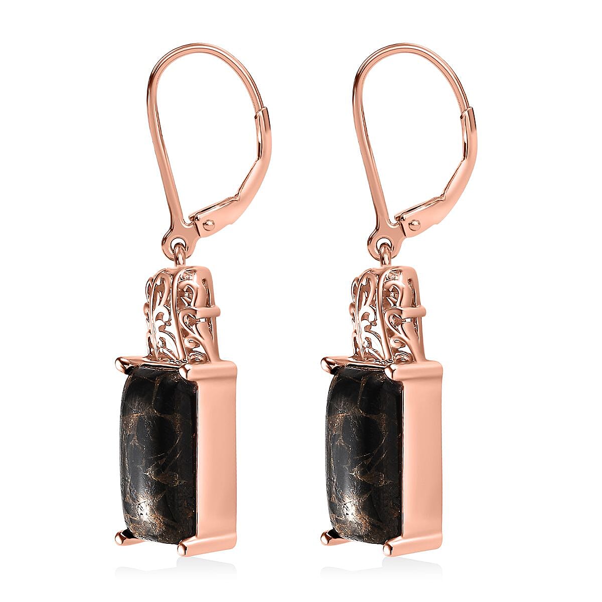Matrix Silver Shungite Lever Back Earrings in 14K Rose Gold Over Copper with Magnet 6.25 ctw