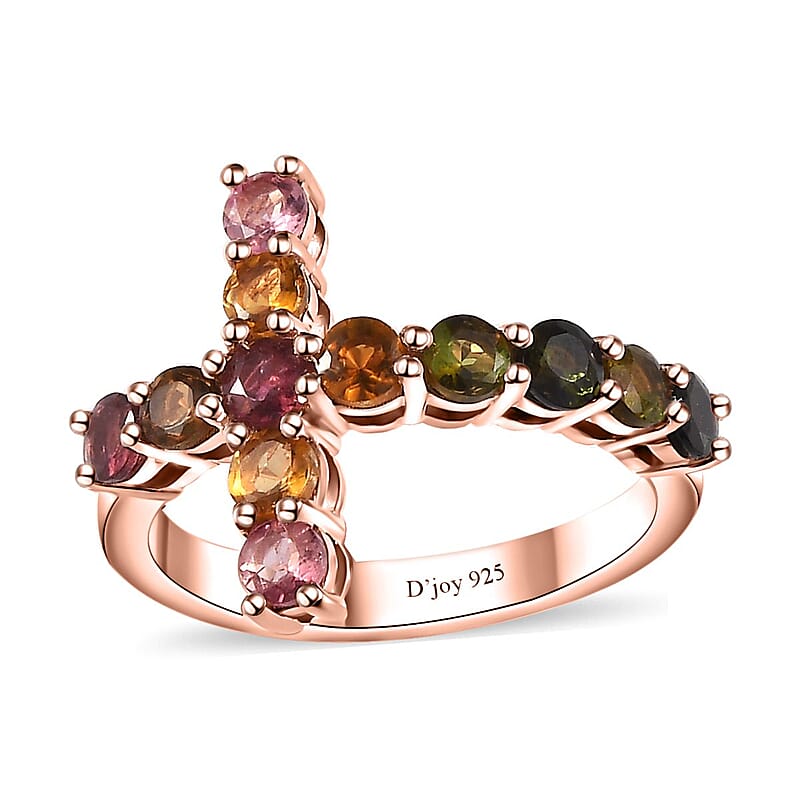 Multi-Tourmaline Cross Ring in Vermeil Rose Gold Over Sterling Silver (Size 10.0) 1.50 ctw