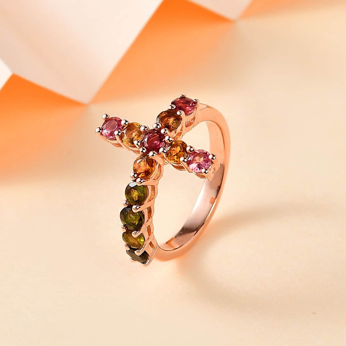 Premium Multi-Tourmaline Cross Ring in Vermeil RG Over Sterling Silver (Size 10.0) 1.50 ctw image number 1