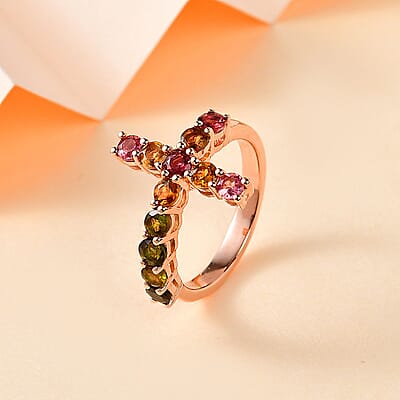 Multi-Tourmaline Cross Ring in Vermeil Rose Gold Over Sterling Silver (Size 10.0) 1.50 ctw
