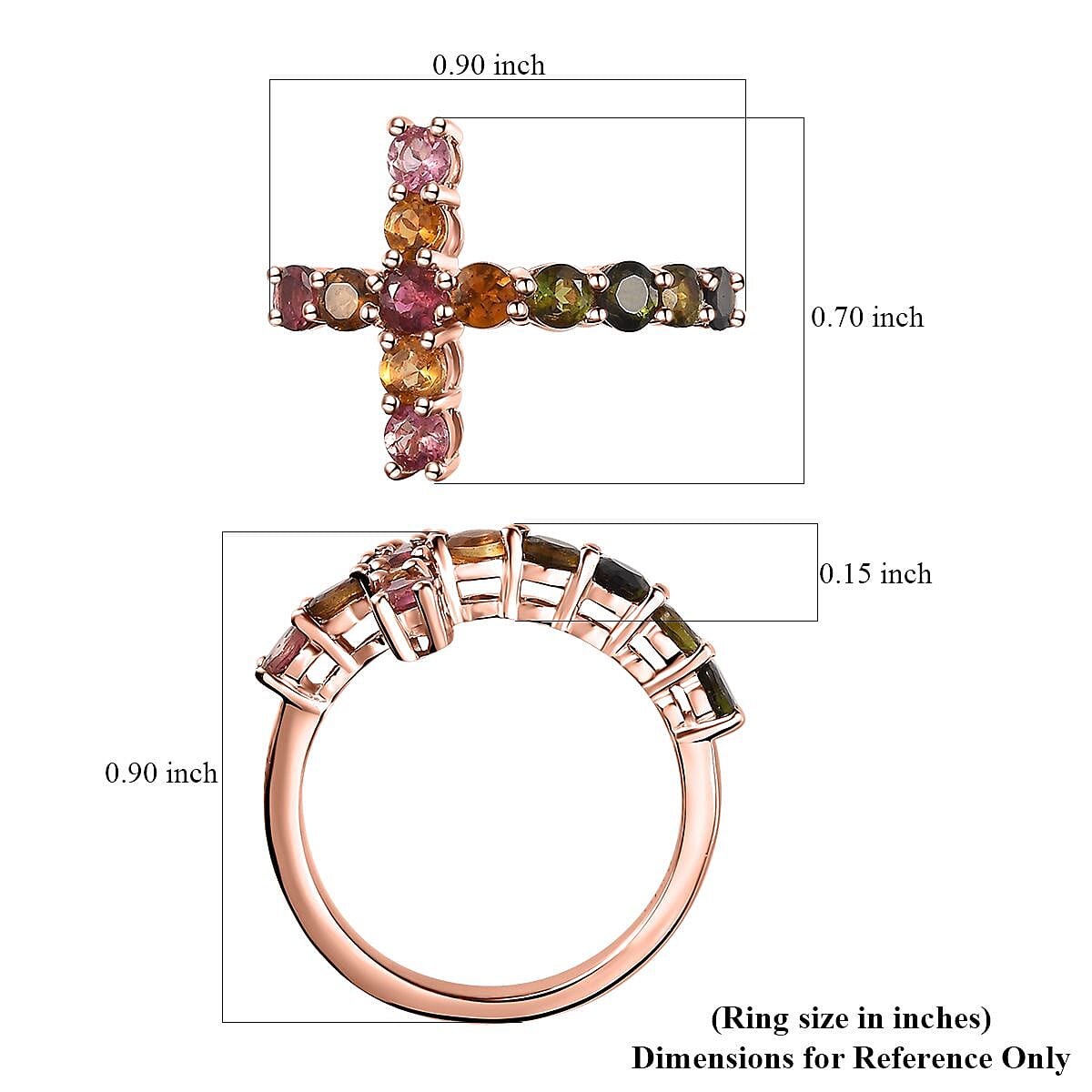Multi-Tourmaline Cross Ring in Vermeil Rose Gold Over Sterling Silver (Size 10.0) 1.50 ctw