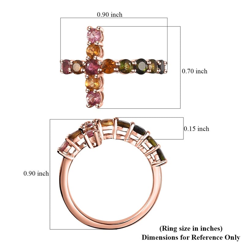Multi-Tourmaline Cross Ring in Vermeil Rose Gold Over Sterling Silver (Size 10.0) 1.50 ctw