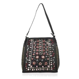 Black Genuine Leather Embellished Hobo Shoulder Bag