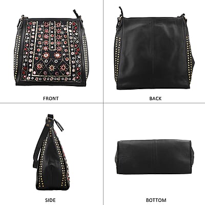 Black Genuine Leather Embellished Hobo Shoulder Bag