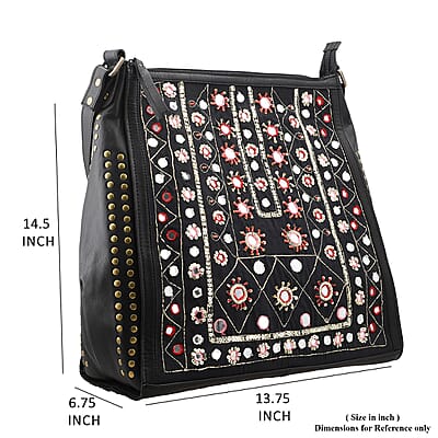 Black Genuine Leather Embellished Hobo Shoulder Bag