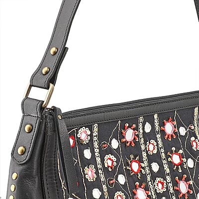 Black Genuine Leather Embellished Hobo Shoulder Bag