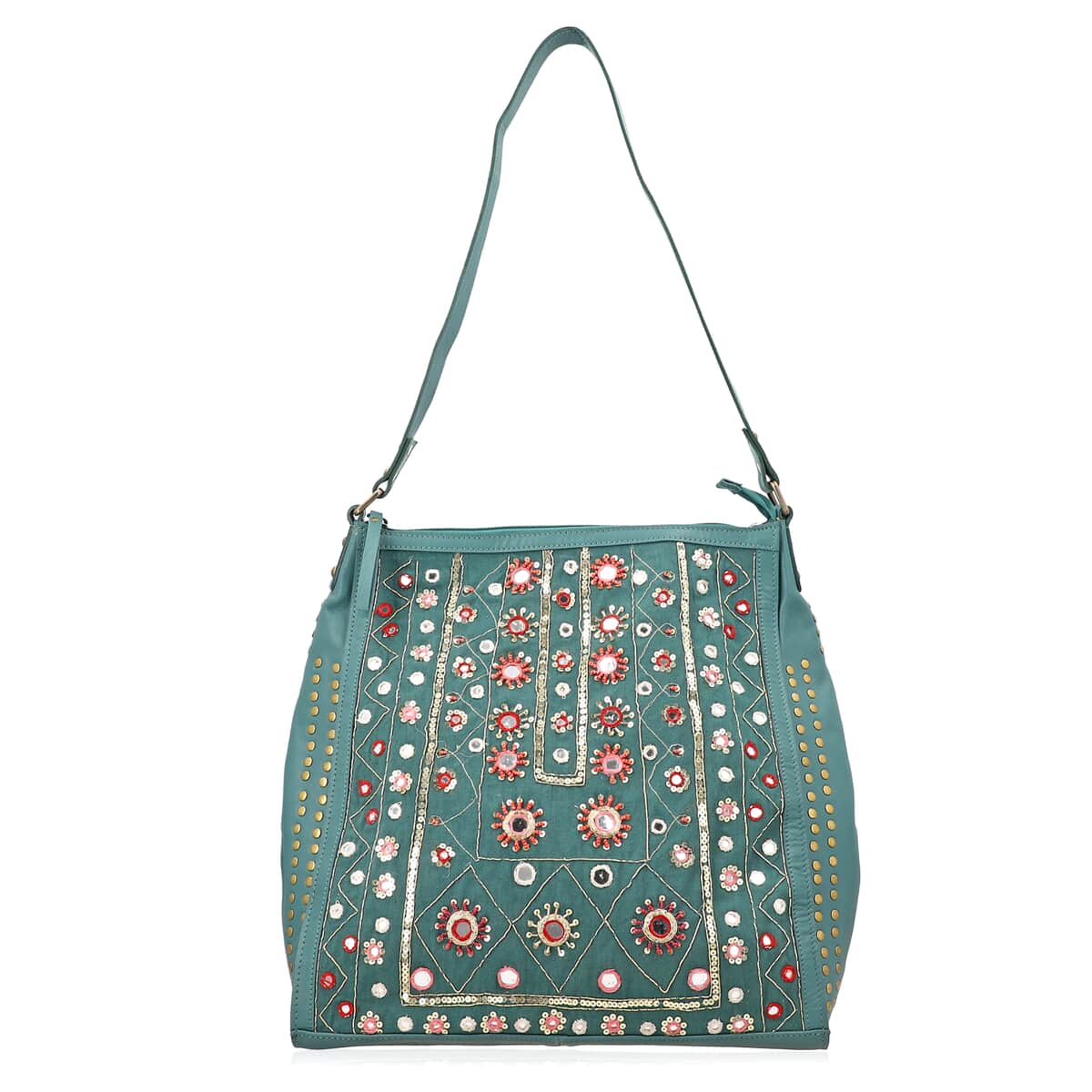 Turquoise Genuine Leather Embellished Hobo Shoulder Bag image number 0