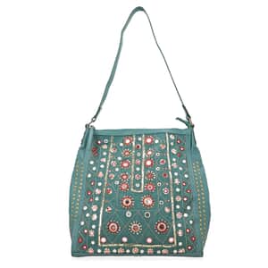 Turquoise Genuine Leather Embellished Hobo Shoulder Bag