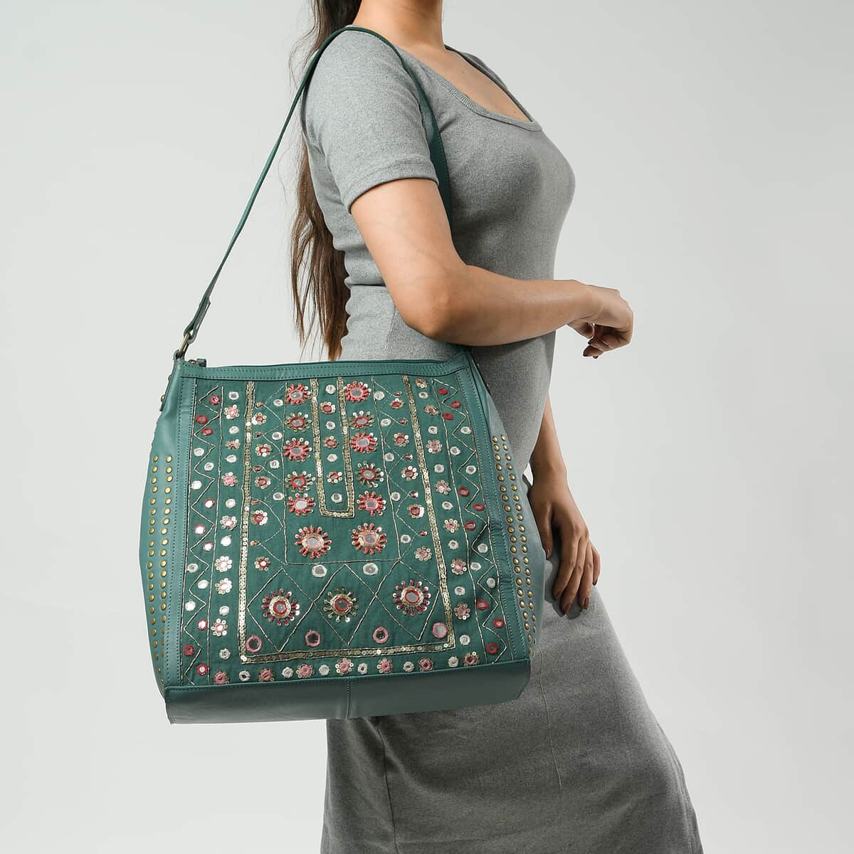 Turquoise Genuine Leather Embellished Hobo Shoulder Bag image number 1