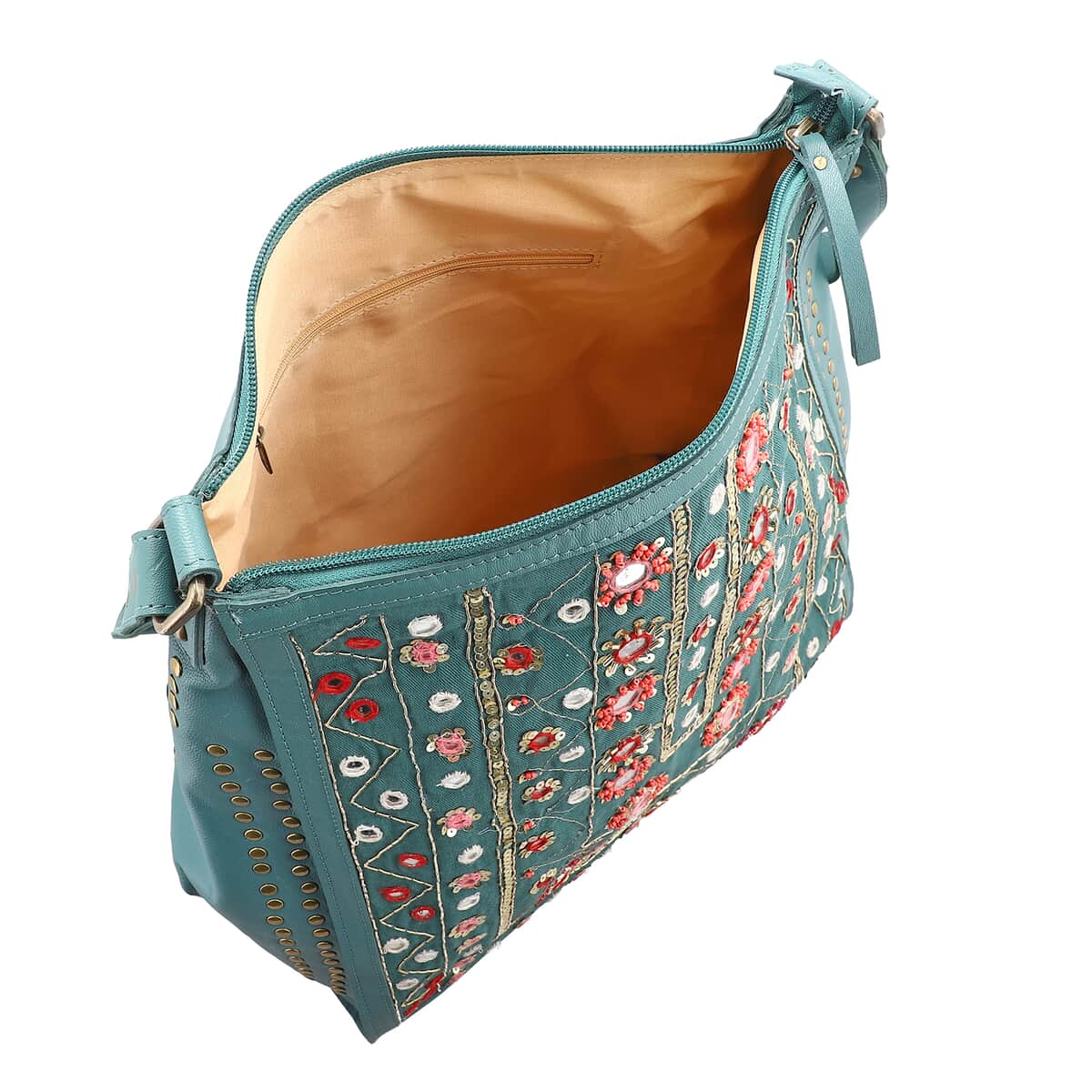 Turquoise Genuine Leather Embellished Hobo Shoulder Bag image number 4