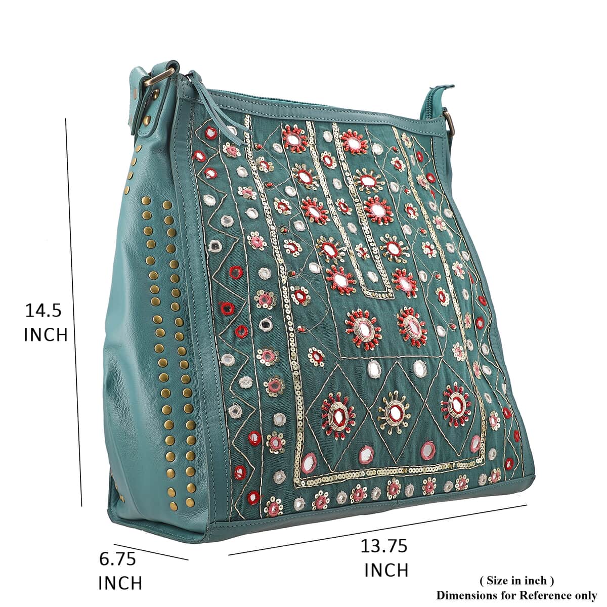 Turquoise Genuine Leather Embellished Hobo Shoulder Bag image number 5