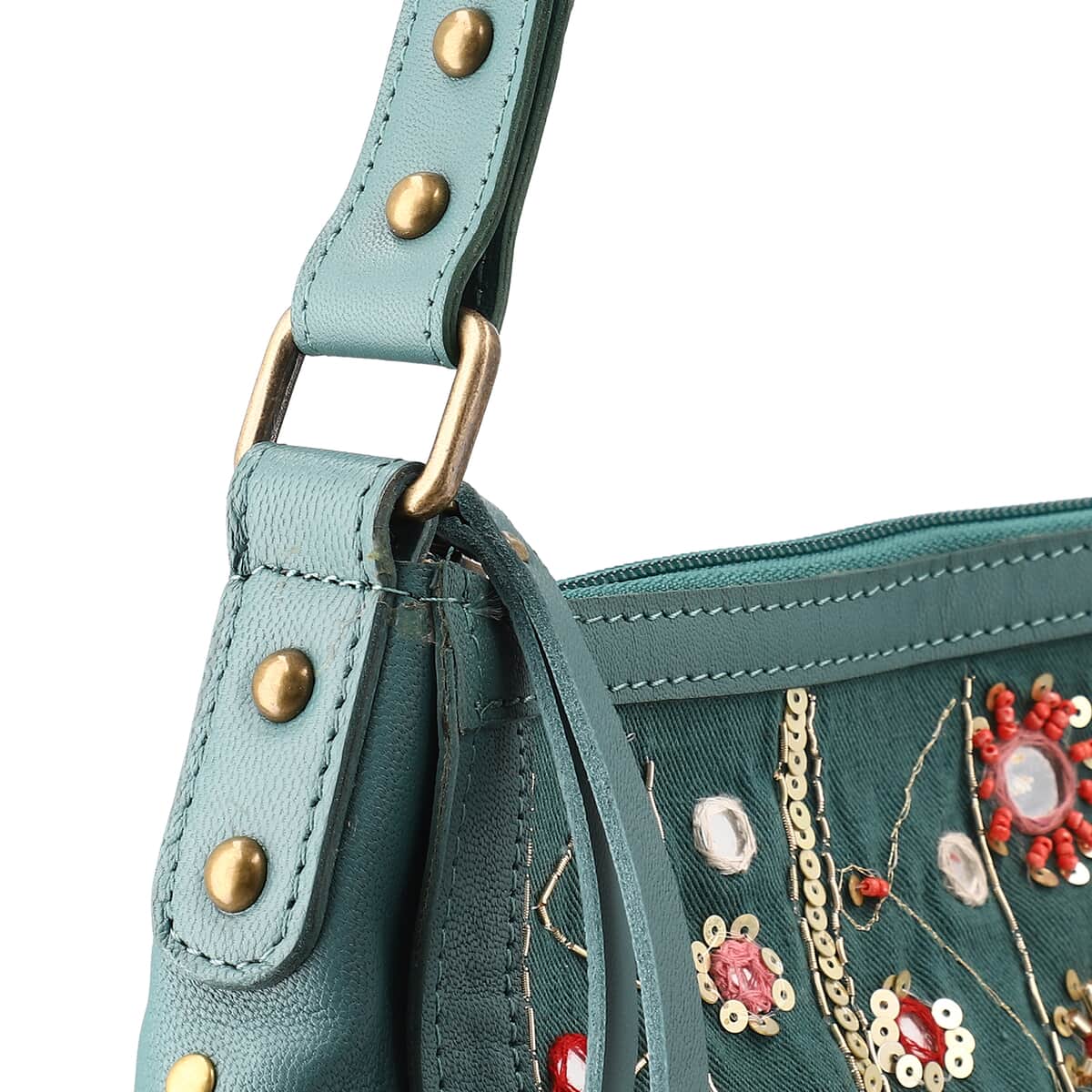 Turquoise Genuine Leather Embellished Hobo Shoulder Bag image number 6