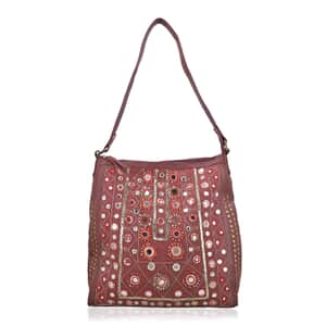 Purple Genuine Leather Embellished Hobo Shoulder Bag