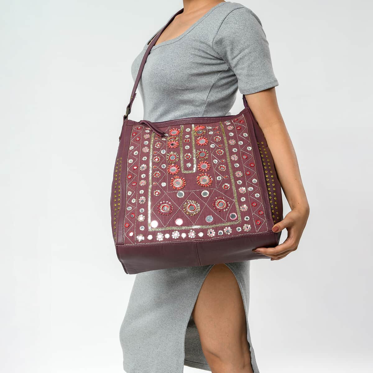 Purple Genuine Leather Embellished Hobo Shoulder Bag image number 1