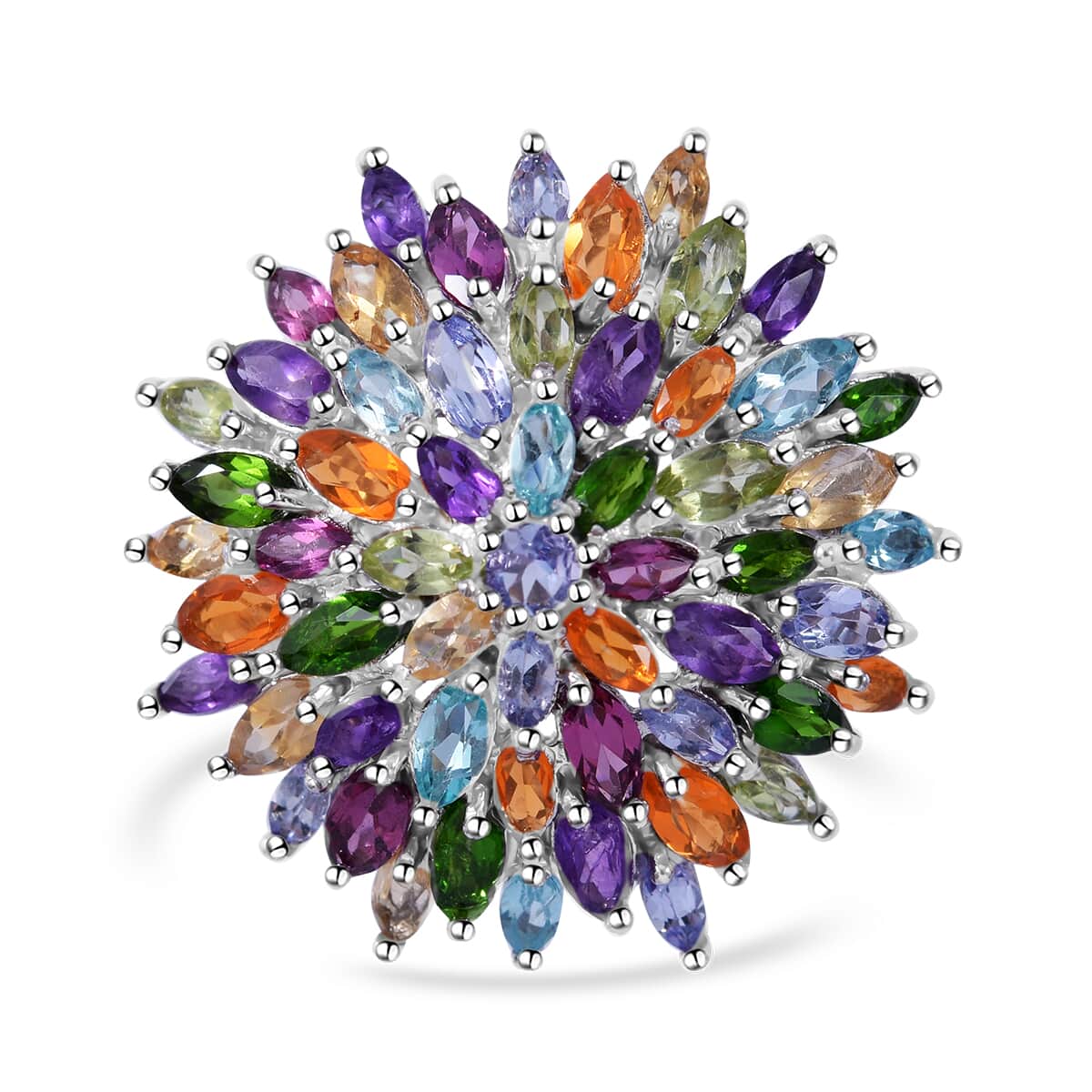 Multi Gemstone Floral Spray Ring in Platinum Over Sterling Silver (Size 9.0) 5.90 ctw image number 1