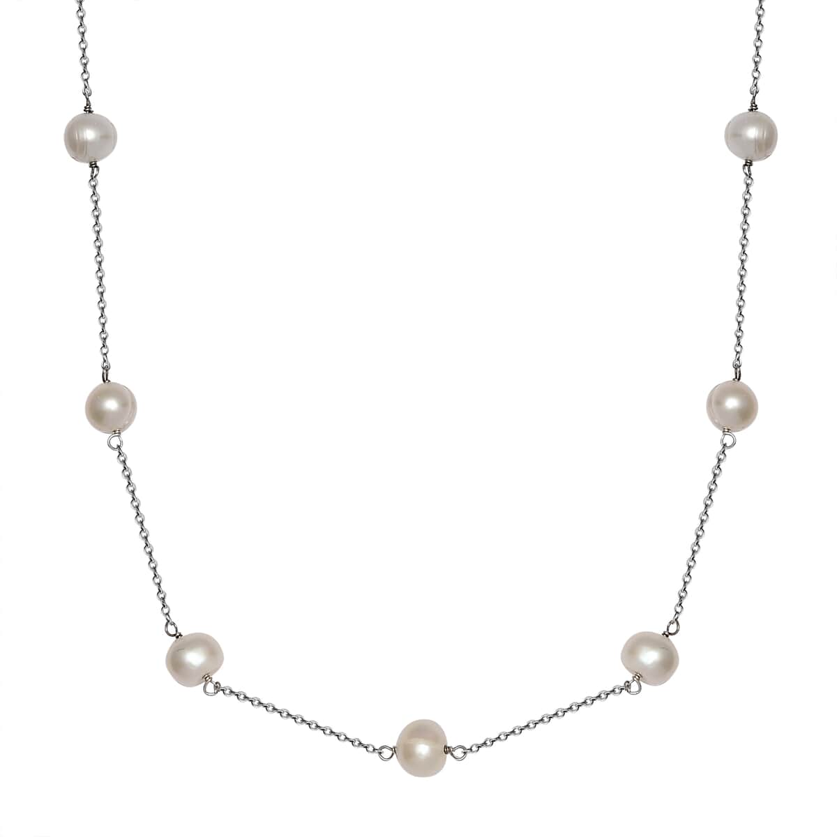 White Pearl Station Necklace 18 Inches in Rhodium Over Sterling Silver image number 0
