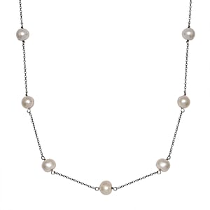 White Pearl Station Necklace 18 Inches in Rhodium Over Sterling Silver