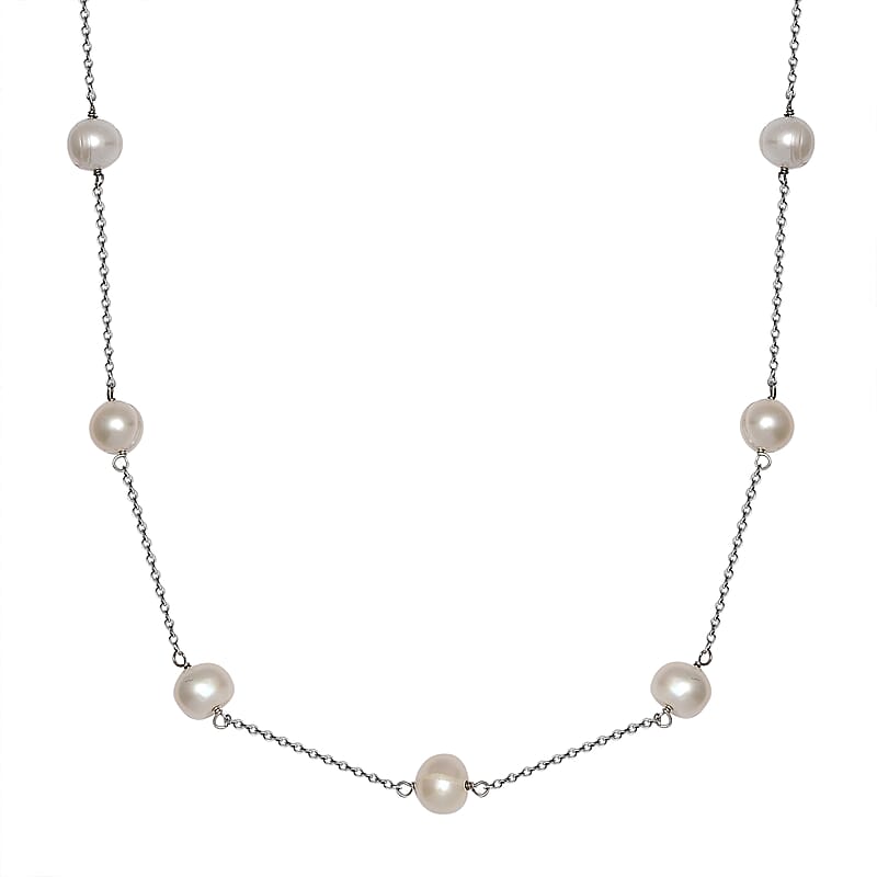 White Pearl Station Necklace 18 Inches in Rhodium Over Sterling Silver