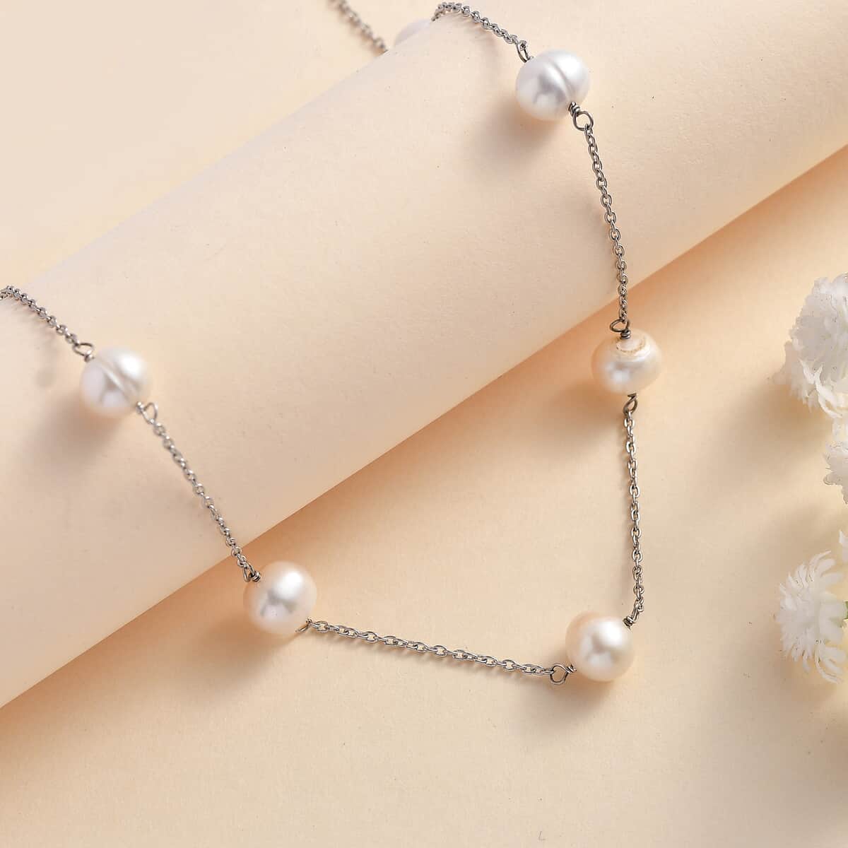 White Pearl Station Necklace 18 Inches in Rhodium Over Sterling Silver image number 1