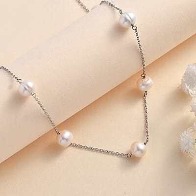 White Pearl Station Necklace 18 Inches in Rhodium Over Sterling Silver