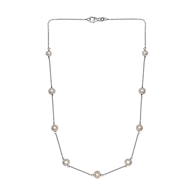 White Pearl Station Necklace 18 Inches in Rhodium Over Sterling Silver