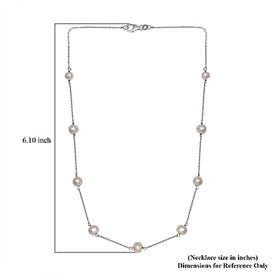 White Pearl Station Necklace 18 Inches in Rhodium Over Sterling Silver
