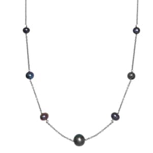 Peacock Pearl Station Necklace 18 Inches in Rhodium Over Sterling Silver