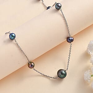 Peacock Pearl Station Necklace 18 Inches in Rhodium Over Sterling Silver