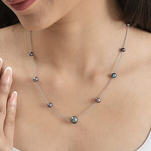 Peacock Pearl Station Necklace 18 Inches in Rhodium Over Sterling Silver