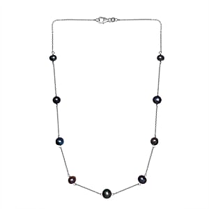 Peacock Pearl Station Necklace 18 Inches in Rhodium Over Sterling Silver