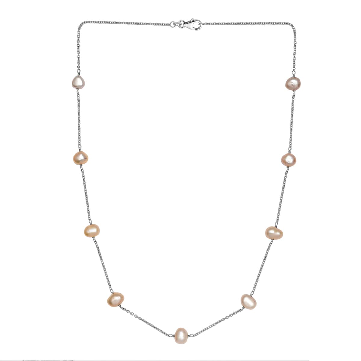 Golden Pearl Station Necklace 18 Inches in Rhodium Over Sterling Silver image number 0