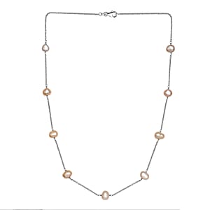 Golden Pearl Station Necklace 18 Inches in Rhodium Over Sterling Silver