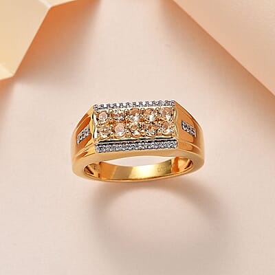 Premium Golden Imperial Topaz and White Zircon Men's Ring in Vermeil Yellow Gold Over Sterling Silver (Size 10.0) 1.10 ctw (Del. in 10-12 Days)