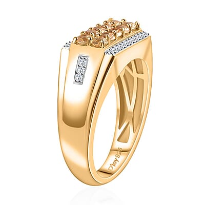 Premium Golden Imperial Topaz and White Zircon Men's Ring in Vermeil Yellow Gold Over Sterling Silver (Size 10.0) 1.10 ctw (Del. in 10-12 Days)